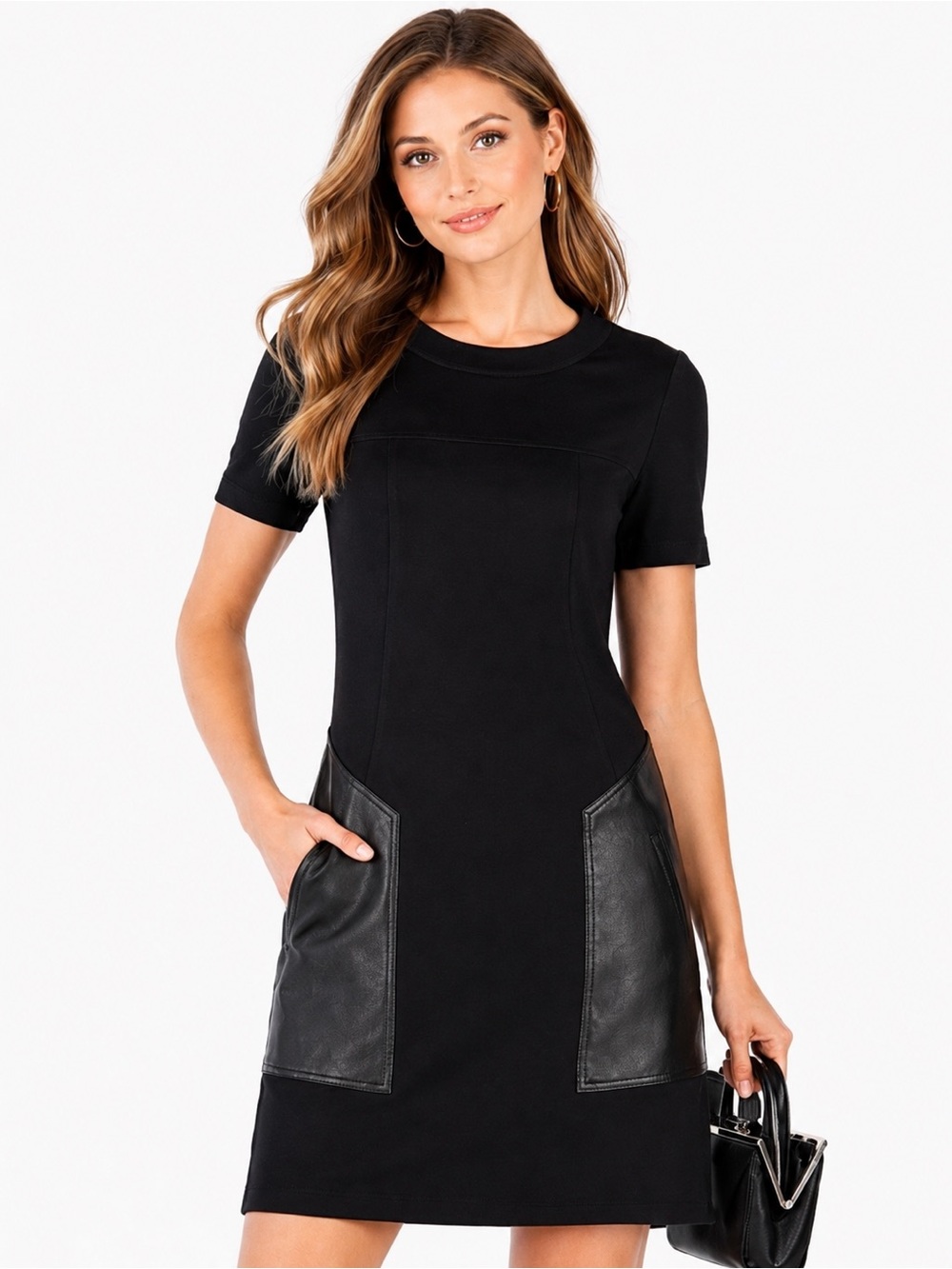 BCBGMAXAZRIA Black Sheath Mini Dress Medium Faux Leather Pocket Career Stretch
